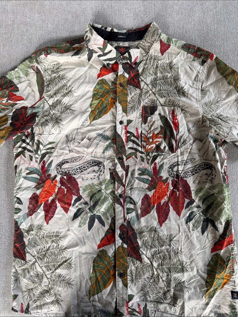 Roark Men's Tropical Print Button-Up Shirt - White with Green & Red